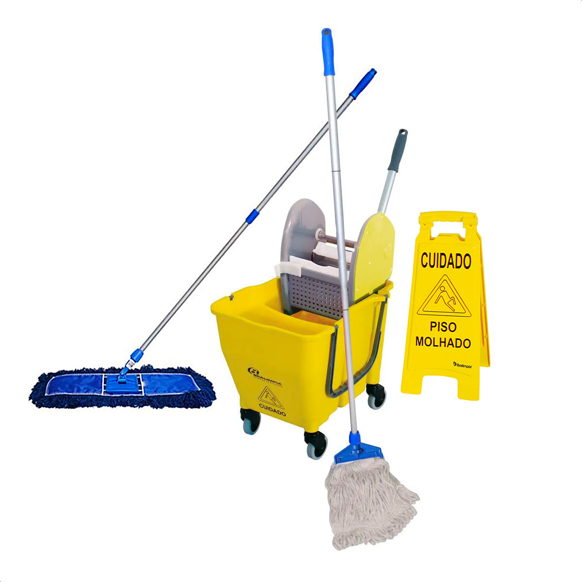 Carrinho Balde Espremedor com mop po e mop umido e placa sinalizadora, carrinho limpeza, balde bralimpia, mop po