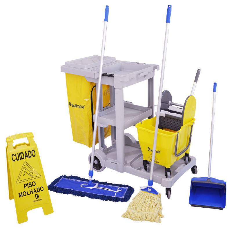 Carrinho de Limpeza Kit 3 Bralimpia, carrinho multifuncional bralimpia, carrinho limpeza completo, carrinho limpeza industrial